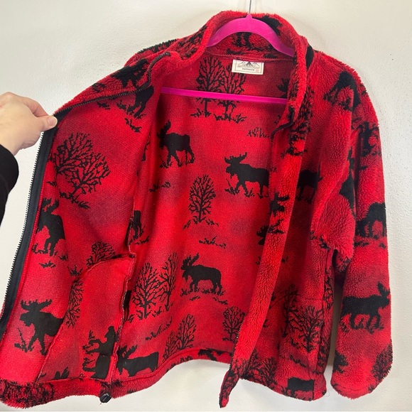 Black Mountain Outdoor Red Black Fleece Jacket Moose Size M Full Zip Camp Cabin - Picture 3 of 12
